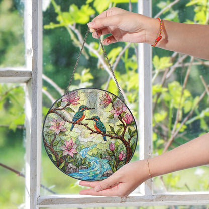 kingfishers on branch stained glass suncatcher bird window decor gift for bird lovers