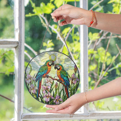 Colorful Parrots Stained Glass Round Window Hanging Macaw Suncatcher Gift for Bird Lover