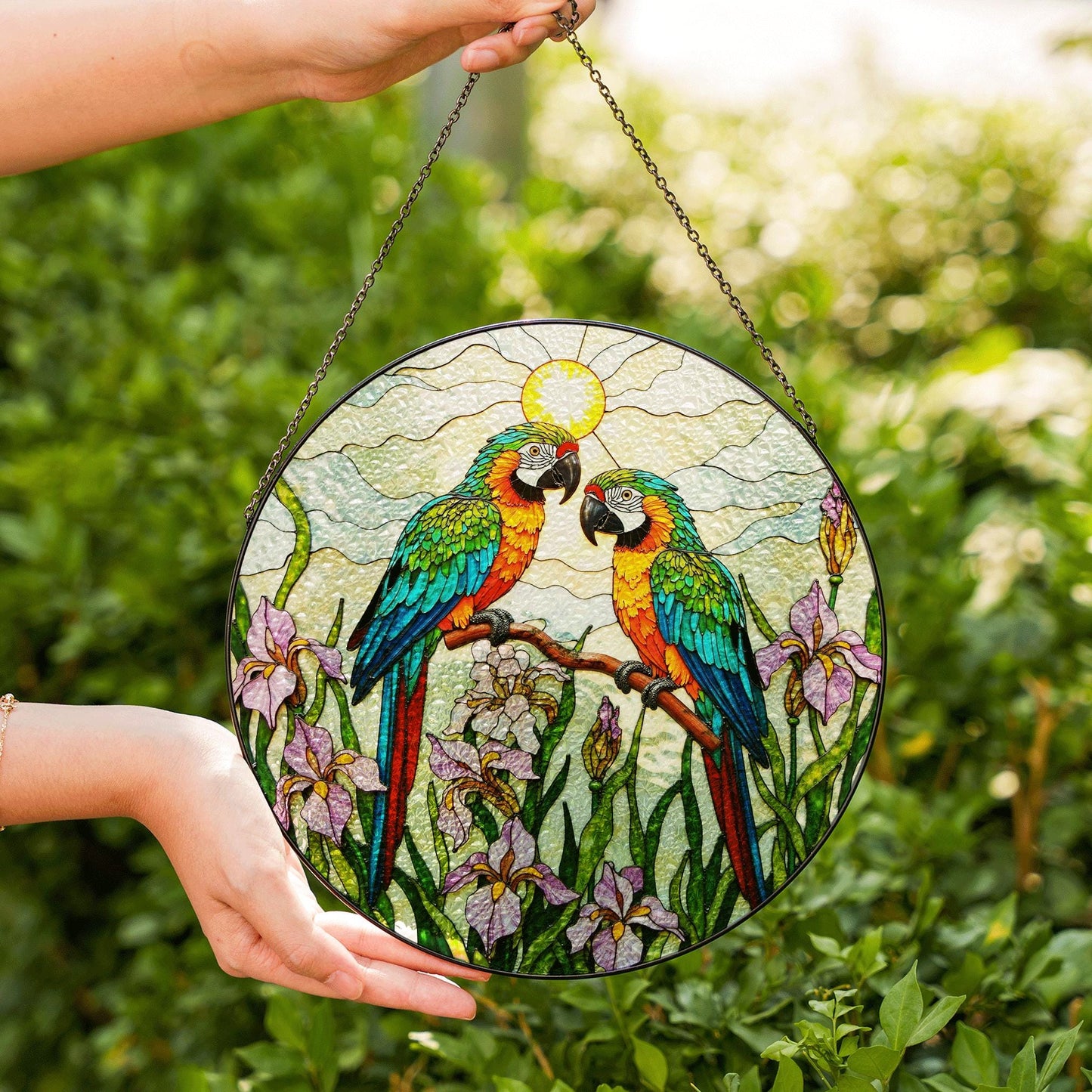 Colorful Parrots Stained Glass Round Window Hanging Macaw Suncatcher Gift for Bird Lover