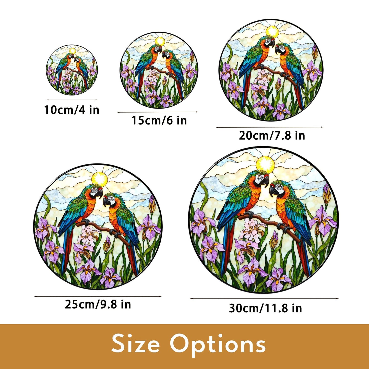 Colorful Parrots Stained Glass Round Window Hanging Macaw Suncatcher Gift for Bird Lover