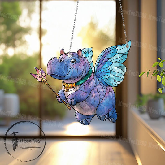 Cute Hippo Fairy Window Hanging Decoration with Magical Wings and Wand to Add Whimsy and Charm to Your Home or Nursery Decor