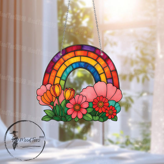 Rainbow Decor, Window Hanging, Floral Arch Art, Colorful Sun Catcher, Cheerful Room Accent, Bright Gift for Nature Lovers