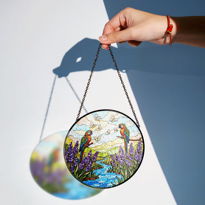Colorful parrots butterflies and lavender stained glass suncatcher window hanging gift for bird lovers