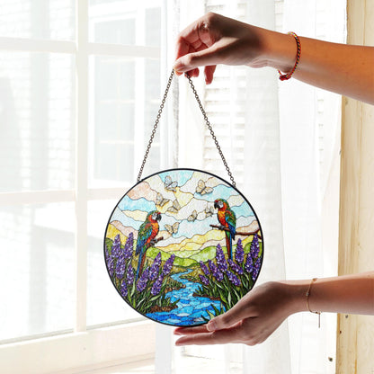 Colorful parrots butterflies and lavender stained glass suncatcher window hanging gift for bird lovers