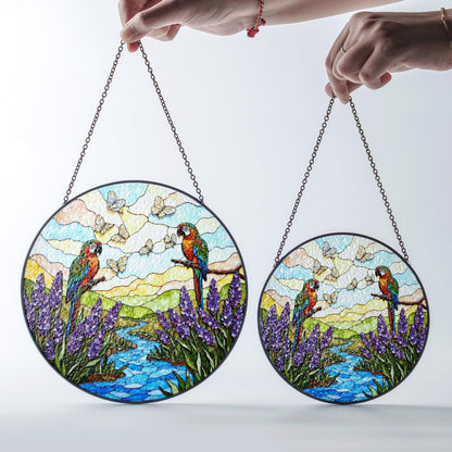 Colorful parrots butterflies and lavender stained glass suncatcher window hanging gift for bird lovers