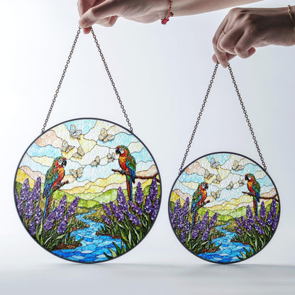 Colorful parrots butterflies and lavender stained glass suncatcher window hanging gift for bird lovers