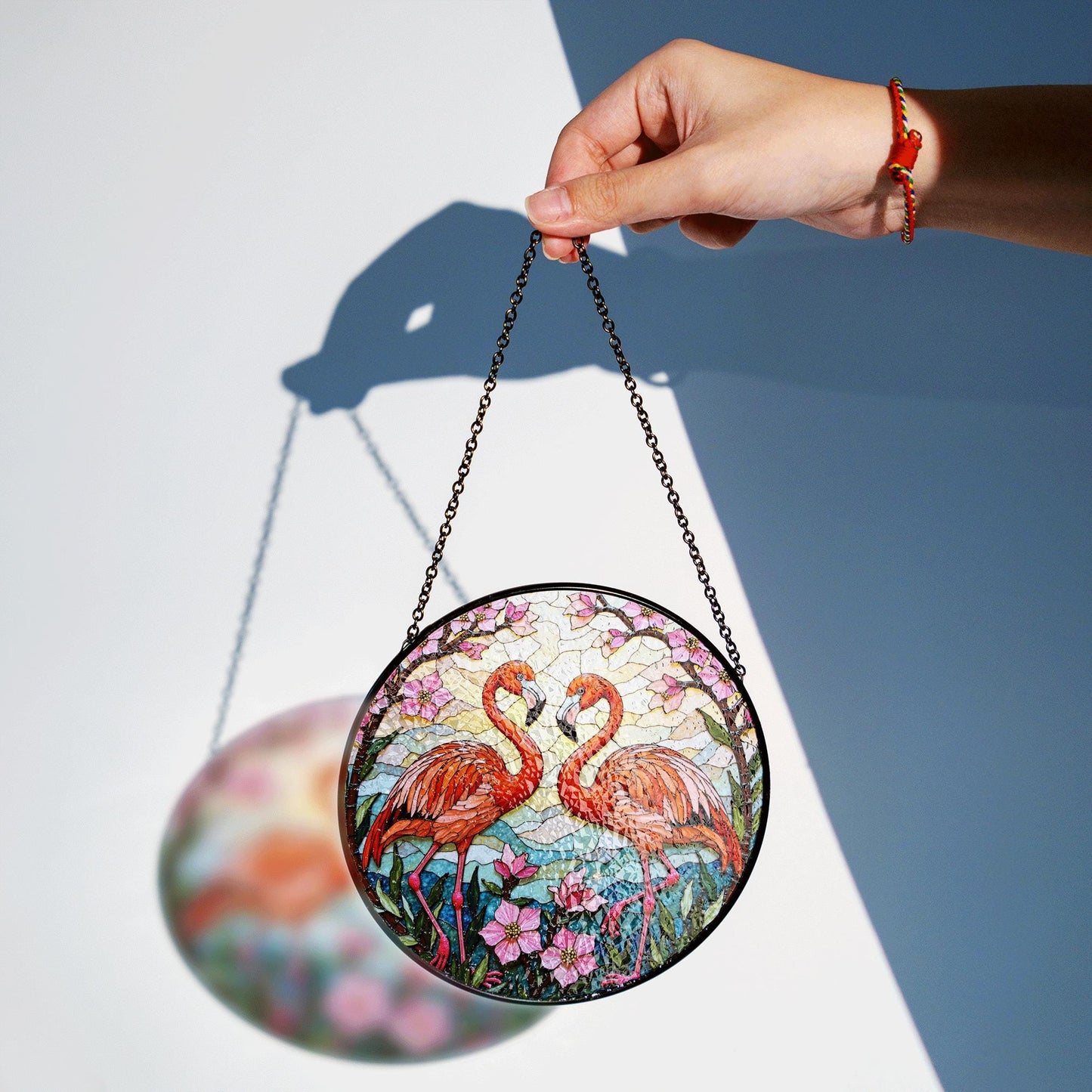 Two flamingos among pink flowers round stained glass suncatcher window decor for her