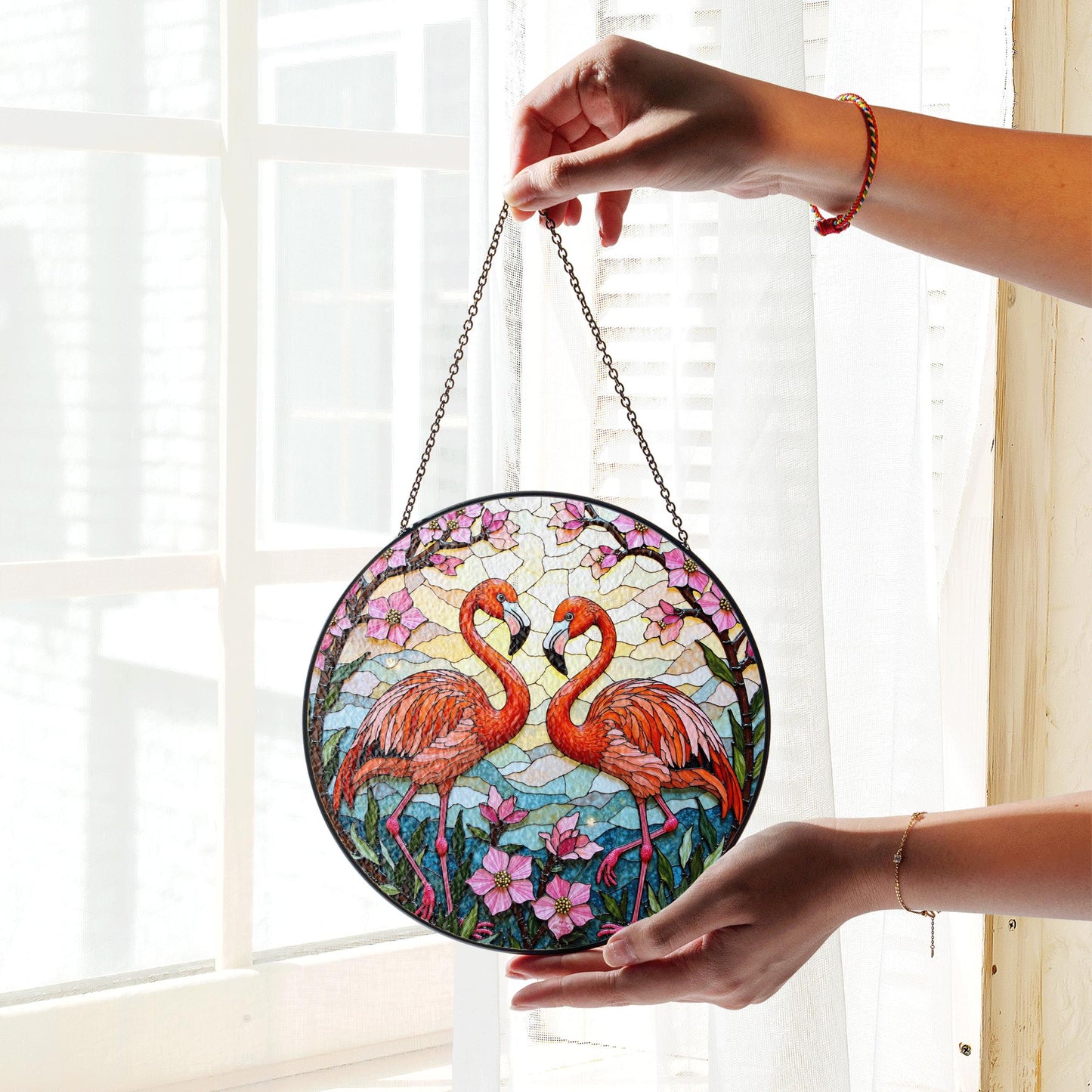 Two flamingos among pink flowers round stained glass suncatcher window decor for her