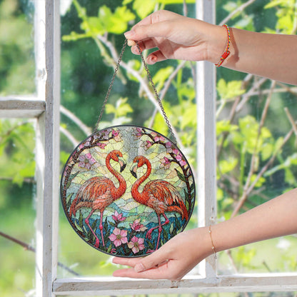 Two flamingos among pink flowers round stained glass suncatcher window decor for her