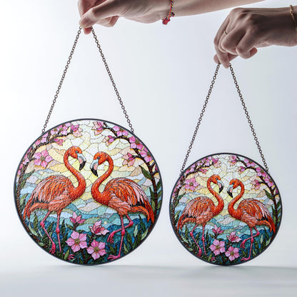 Two flamingos among pink flowers round stained glass suncatcher window decor for her