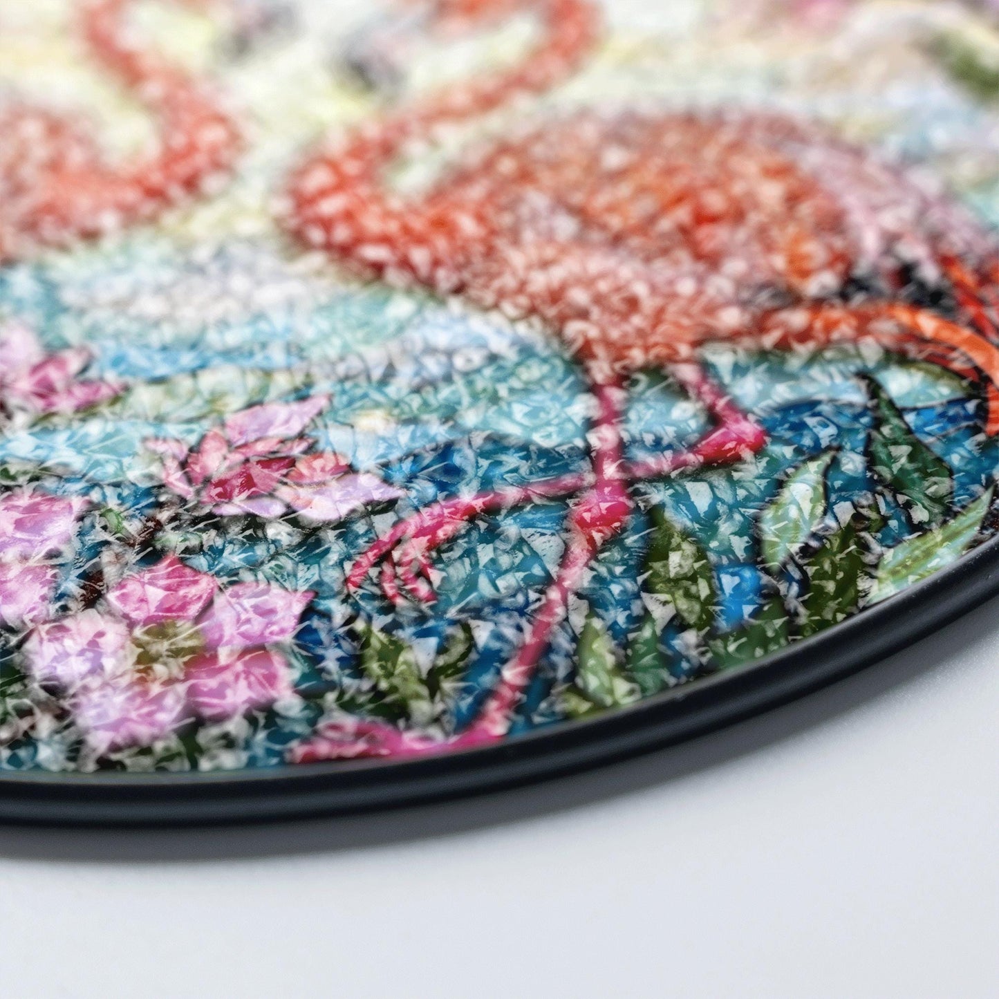 Two flamingos among pink flowers round stained glass suncatcher window decor for her