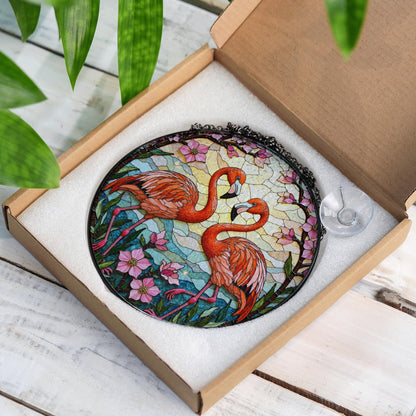 Two flamingos among pink flowers round stained glass suncatcher window decor for her