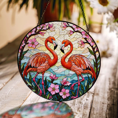 Two flamingos among pink flowers round stained glass suncatcher window decor for her