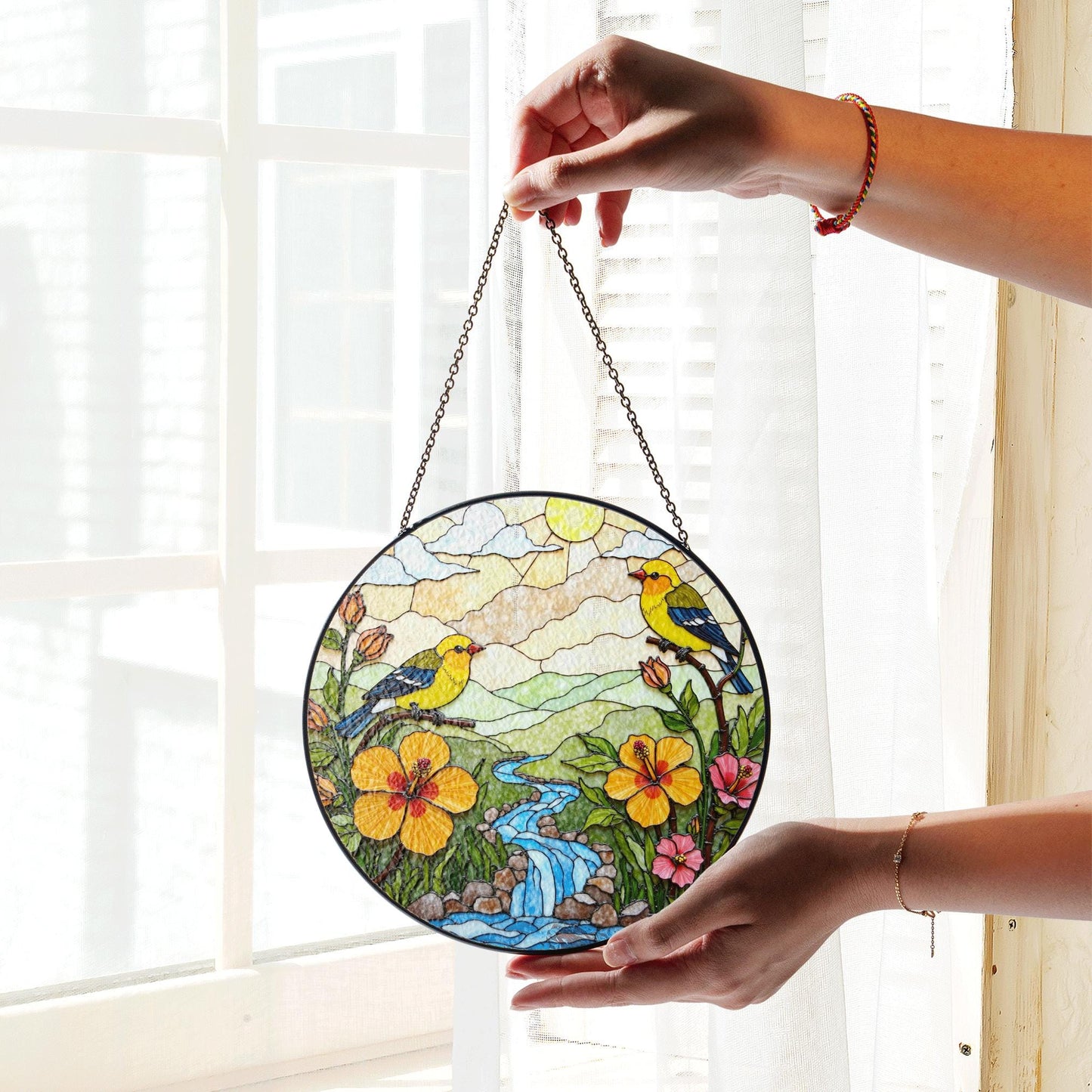 yellow birds flowers creek glass suncatcher round window decor gift for bird lovers