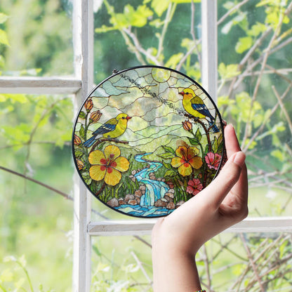 yellow birds flowers creek glass suncatcher round window decor gift for bird lovers