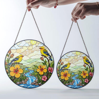 yellow birds flowers creek glass suncatcher round window decor gift for bird lovers