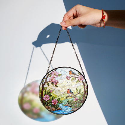 robins on spring branches round stained glass suncatcher gift for bird lover mom