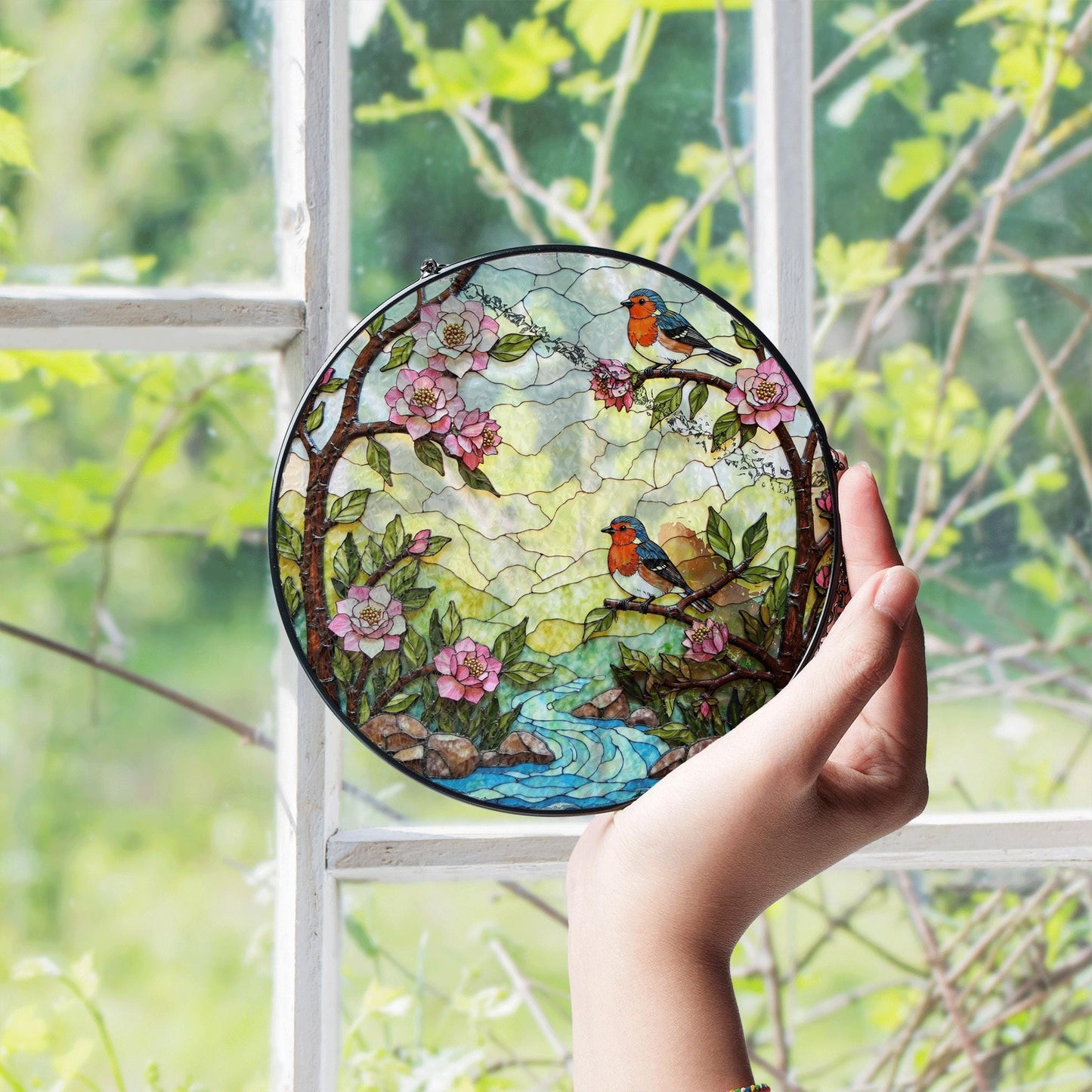 robins on spring branches round stained glass suncatcher gift for bird lover mom