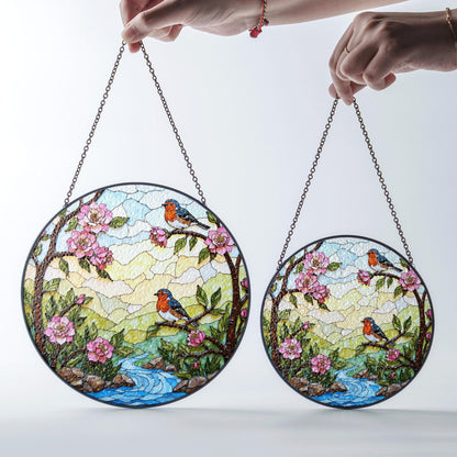 robins on spring branches round stained glass suncatcher gift for bird lover mom