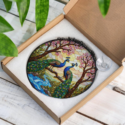 two peacocks on branch stained glass window hanging peacock suncatcher gift for bird lover