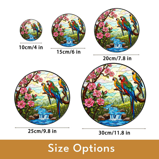 Colorful parrots waterfall scene tropical suncatcher window decor gift for bird lovers
