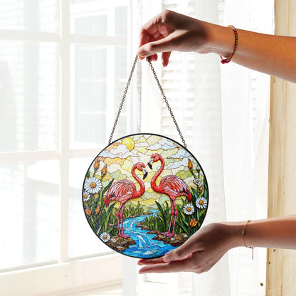 Two flamingos with tropical flowers stained glass suncatcher gift for bird lover