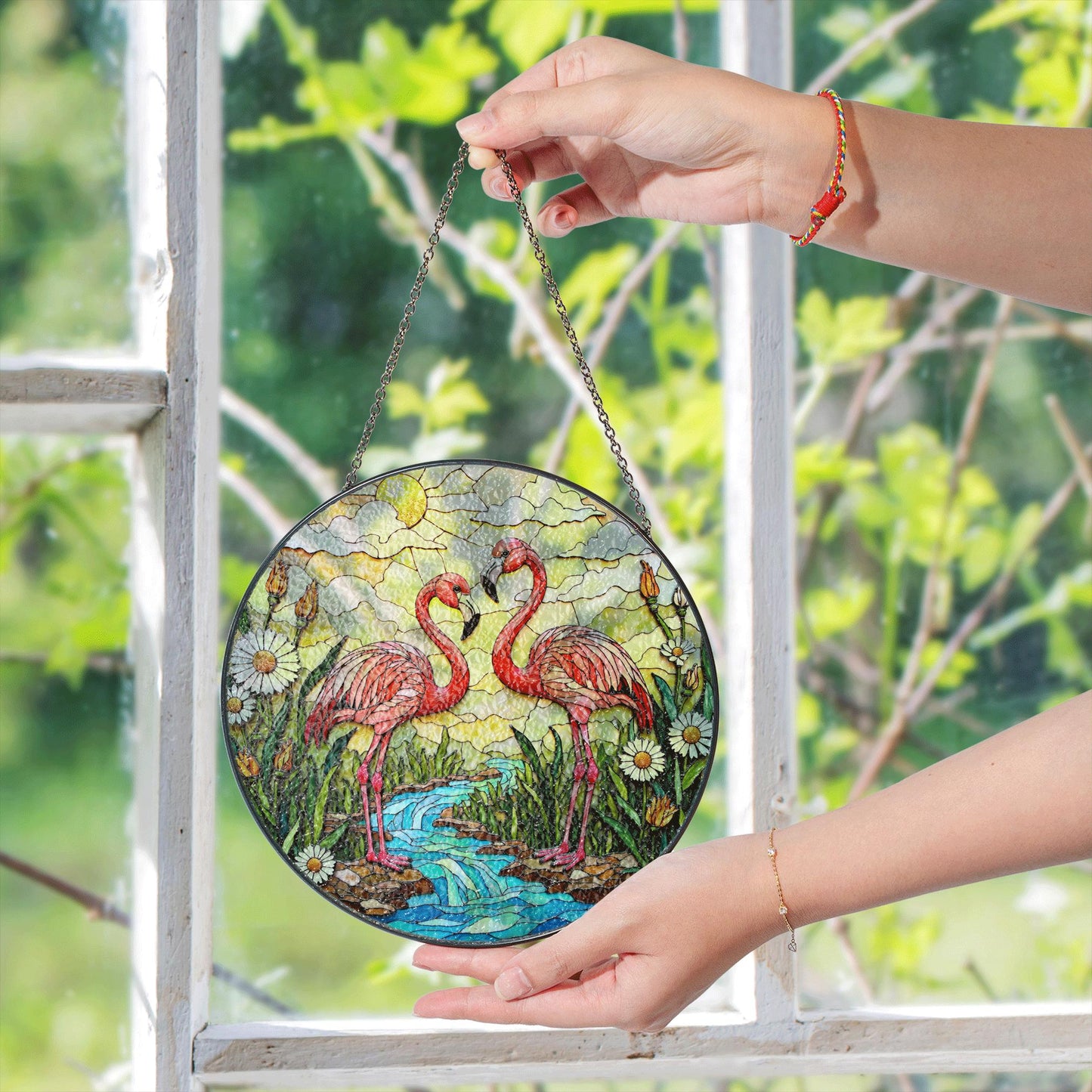 Two flamingos with tropical flowers stained glass suncatcher gift for bird lover