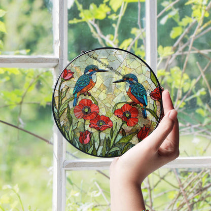 Kingfishers and poppies stained glass suncatcher window decor gift for bird lovers