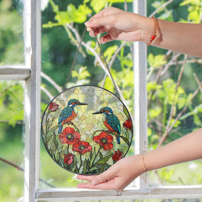 Kingfishers and poppies stained glass suncatcher window decor gift for bird lovers