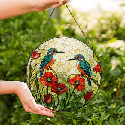 Kingfishers and poppies stained glass suncatcher window decor gift for bird lovers