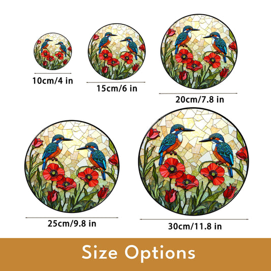 Kingfishers and poppies stained glass suncatcher window decor gift for bird lovers
