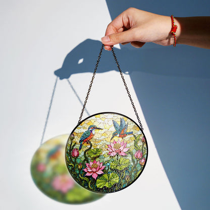 kingfishers and lotus floral stained glass suncatcher gift for bird lovers