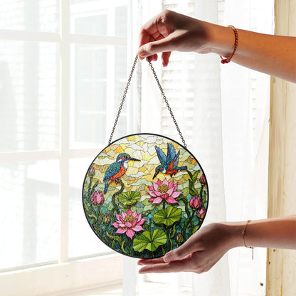 kingfishers and lotus floral stained glass suncatcher gift for bird lovers