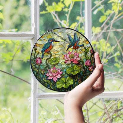 kingfishers and lotus floral stained glass suncatcher gift for bird lovers