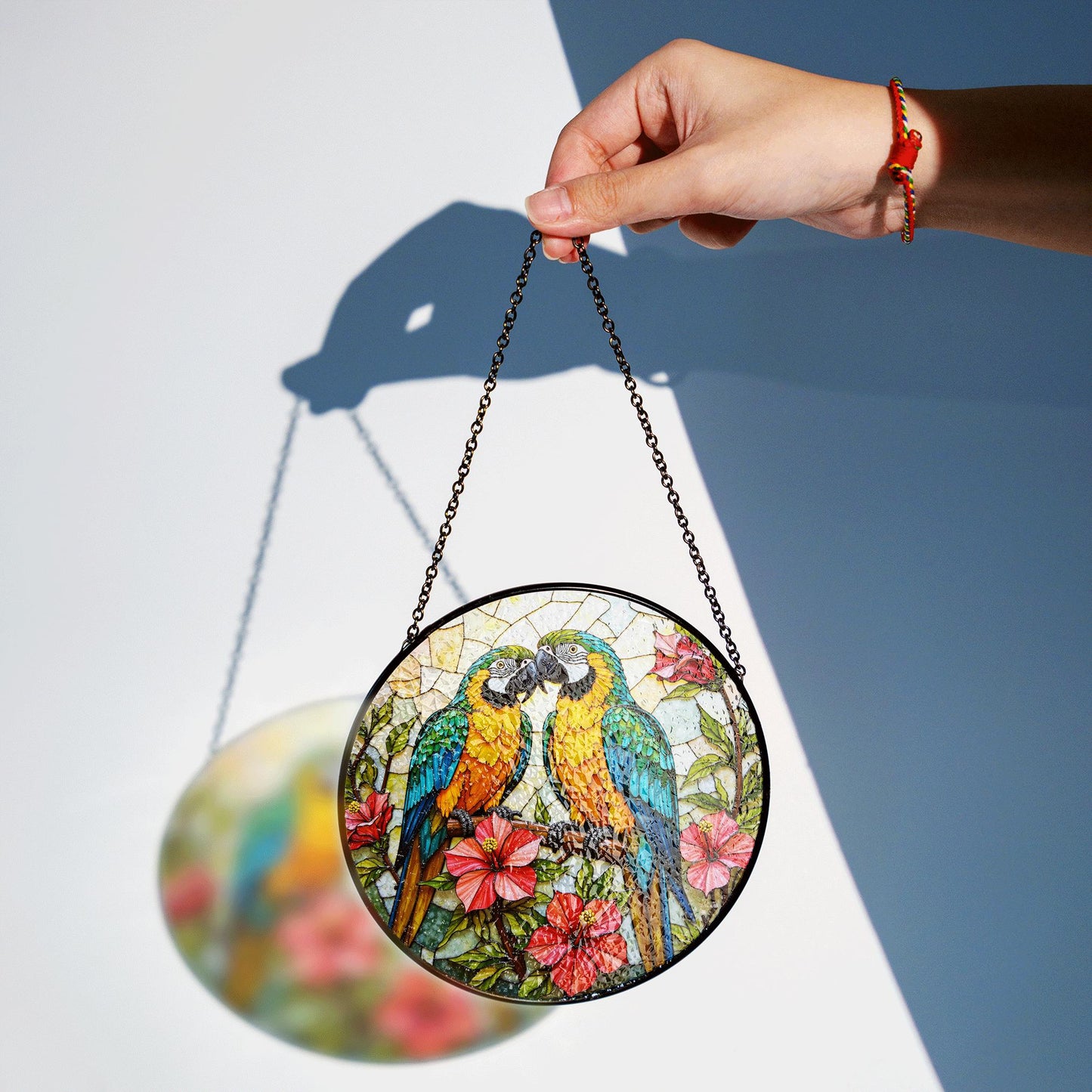 Two parrots on branch stained glass suncatcher window decor gift for bird lovers