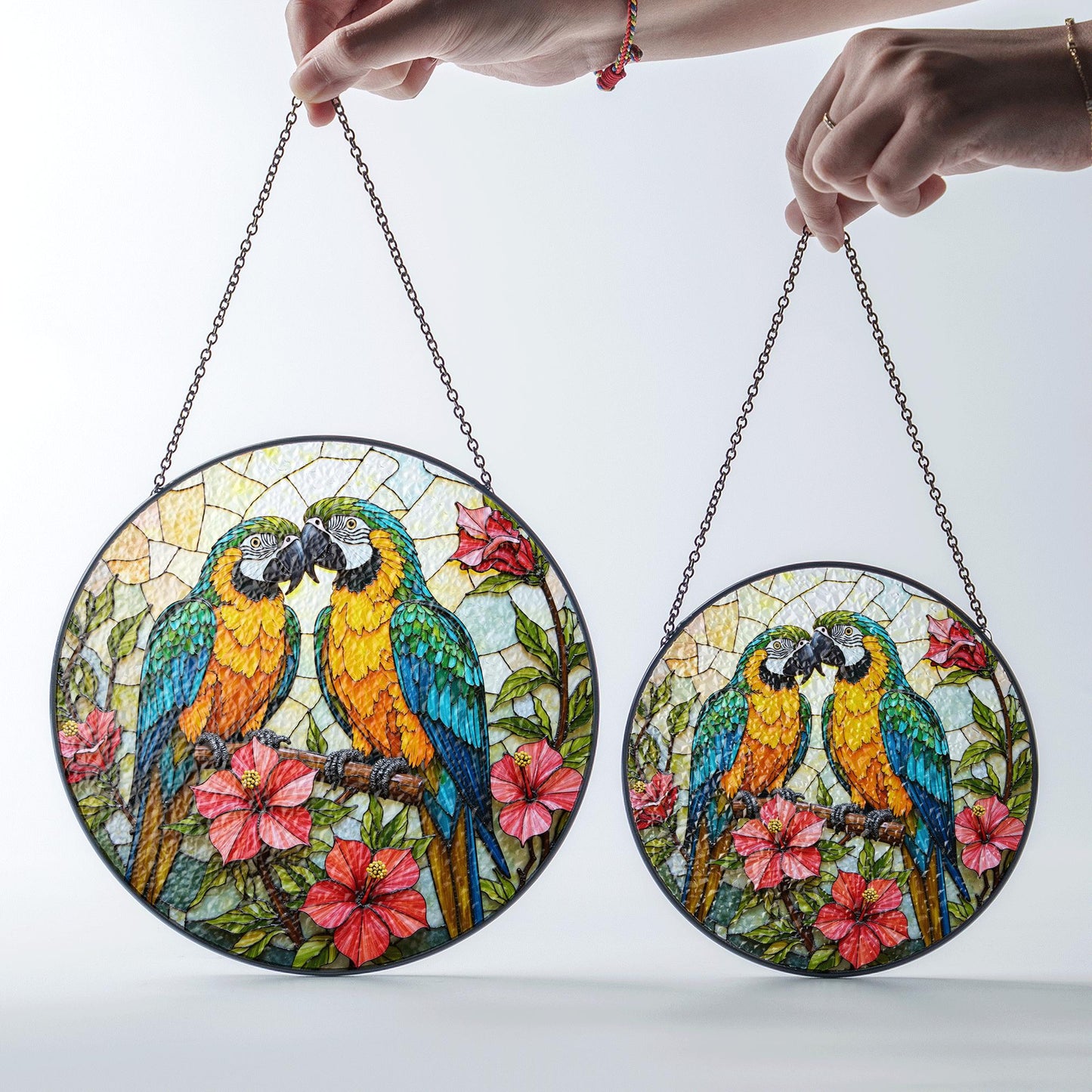 Two parrots on branch stained glass suncatcher window decor gift for bird lovers