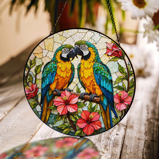 Two parrots on branch stained glass suncatcher window decor gift for bird lovers