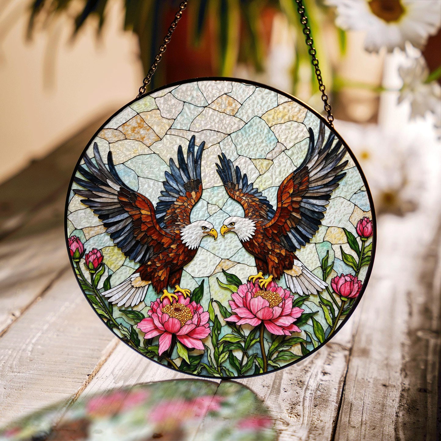 two bald eagles with peonies stained glass window hanging suncatcher gift for dad