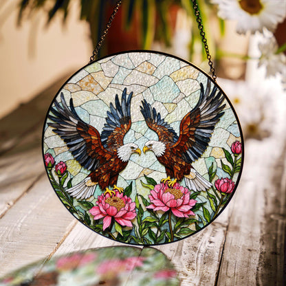 two bald eagles with peonies stained glass window hanging suncatcher gift for dad