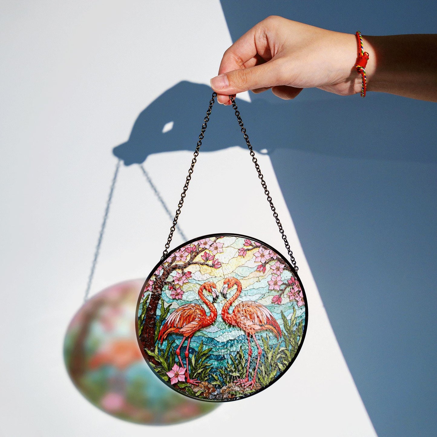 flamingo couple with cherry blossoms stained glass suncatcher gift for nature lover friend