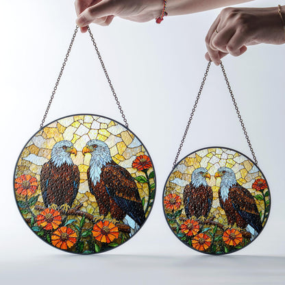 Two bald eagles and zinnias stained glass style eagle suncatcher gift for nature dad