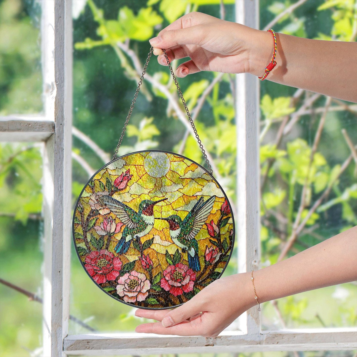 two hummingbirds flying in flowers stained glass suncatcher gift for bird lovers
