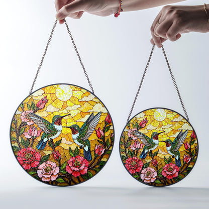 two hummingbirds flying in flowers stained glass suncatcher gift for bird lovers