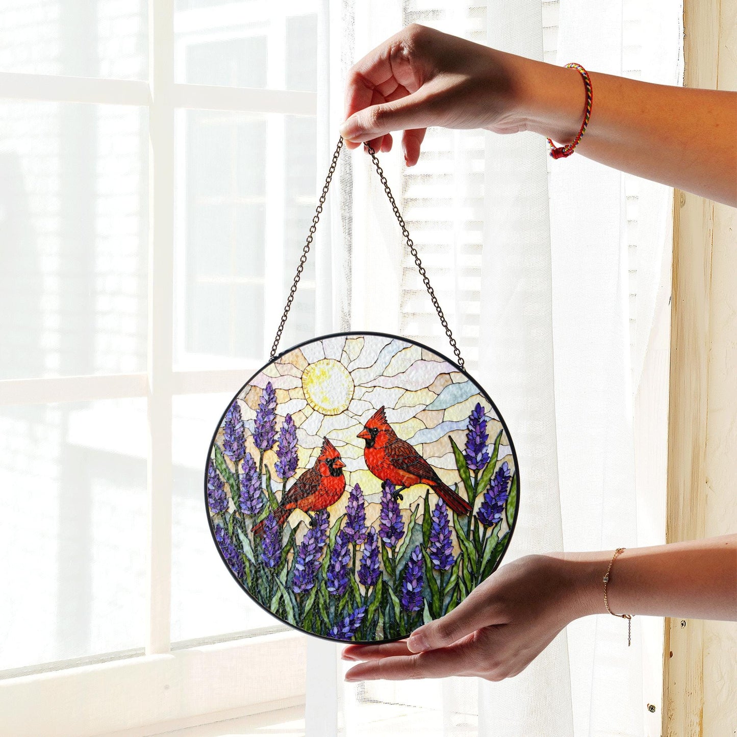 two cardinals with lavender garden round stained glass suncatcher birthday gift for bird lovers
