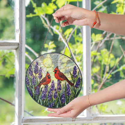 two cardinals with lavender garden round stained glass suncatcher birthday gift for bird lovers