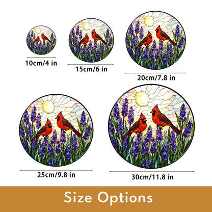 two cardinals with lavender garden round stained glass suncatcher birthday gift for bird lovers