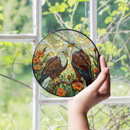 bald eagles perched among orange flowers round stained glass suncatcher gift for dad