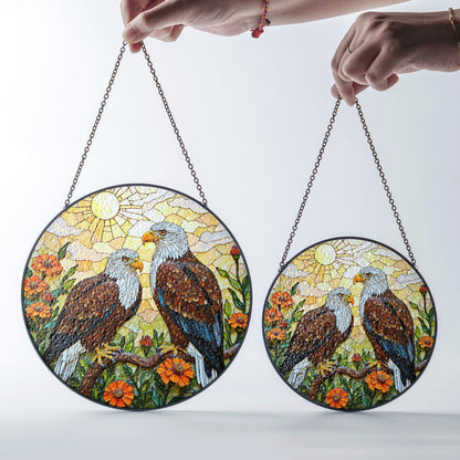 bald eagles perched among orange flowers round stained glass suncatcher gift for dad