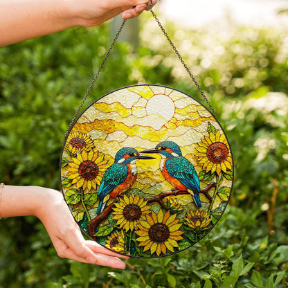 Two kingfishers on sunflower branch stained glass suncatcher bird window decor gift