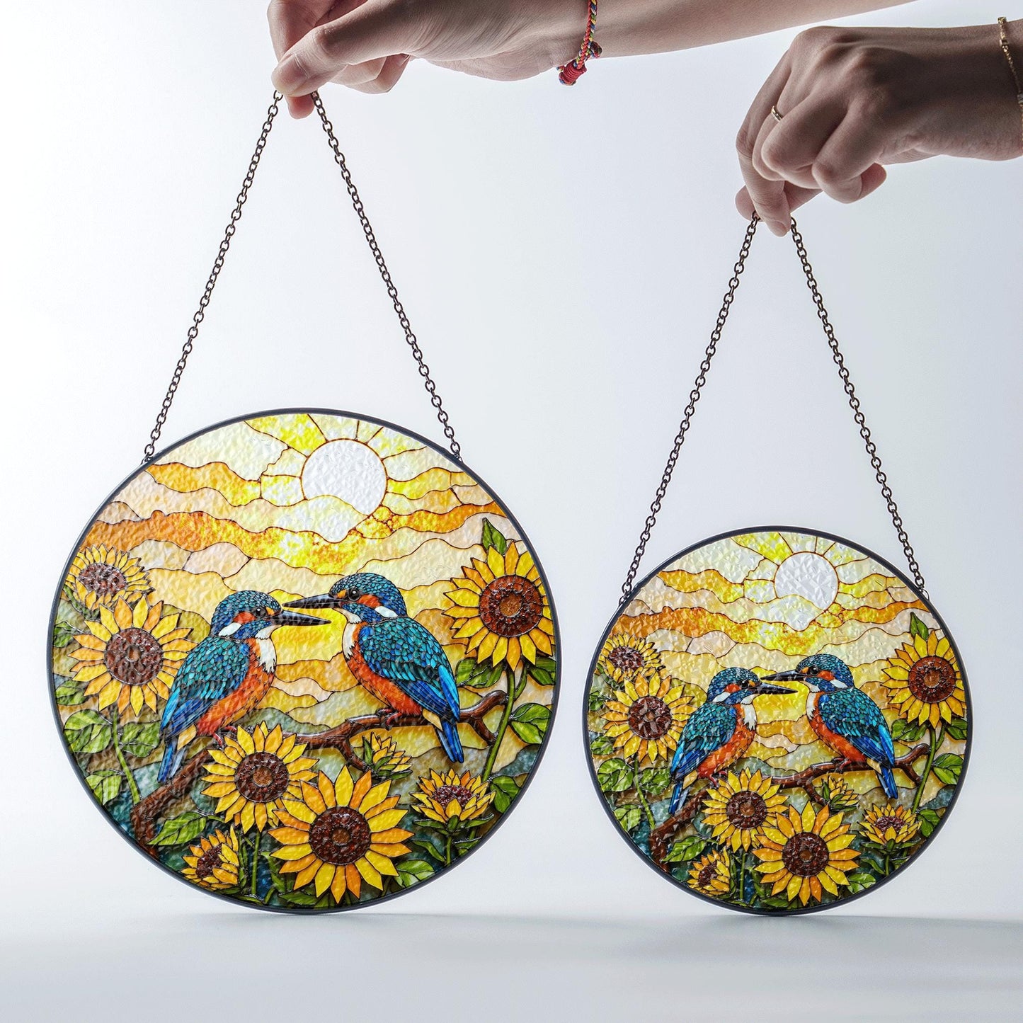 Two kingfishers on sunflower branch stained glass suncatcher bird window decor gift